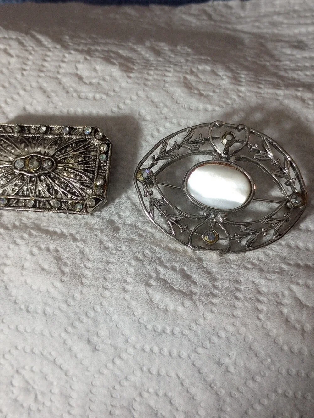 Antique, Victorian,Silver Filigree Brooches with Mother of Pearl,Crystal Accent